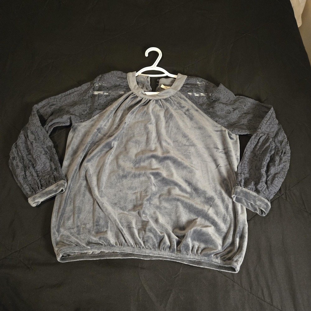 Good Hart Blouse Womens Medium Gray Velour Lace Balloon Long Sleeve Top Romantic